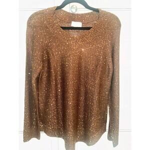 Soft Surroundings Brown Sequin V Neck Long Sleeve Shimmer Sweater PetiteXS